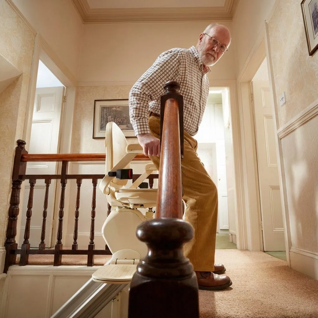 Man near a stairlift in a house hallway.