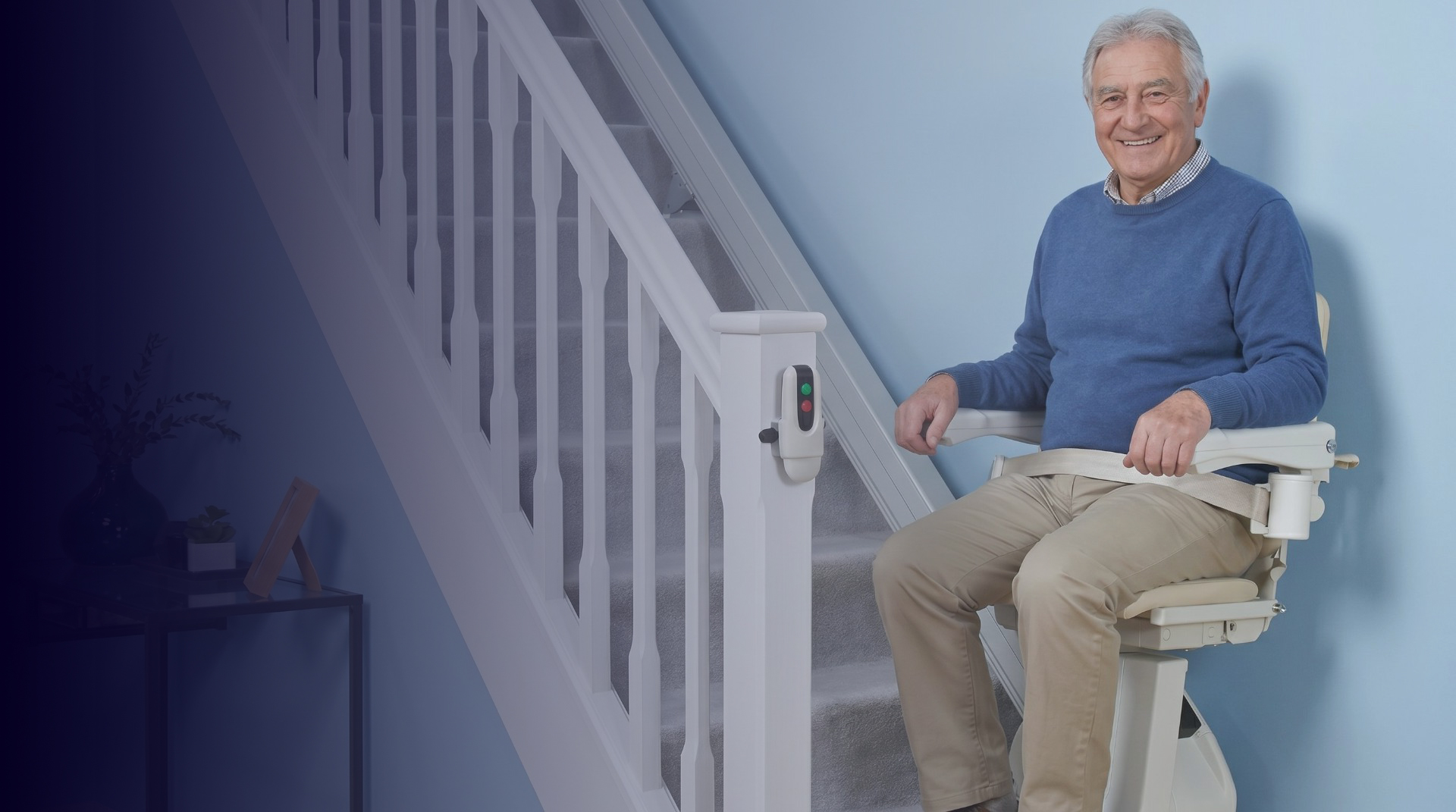 Curved stairlift fitted to a turning staircase in a Manchester home