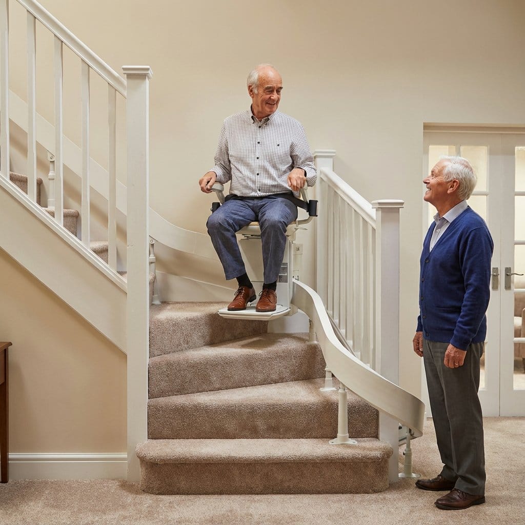 Customer choosing a stairlift model with a Manchester Stairlifts adviser