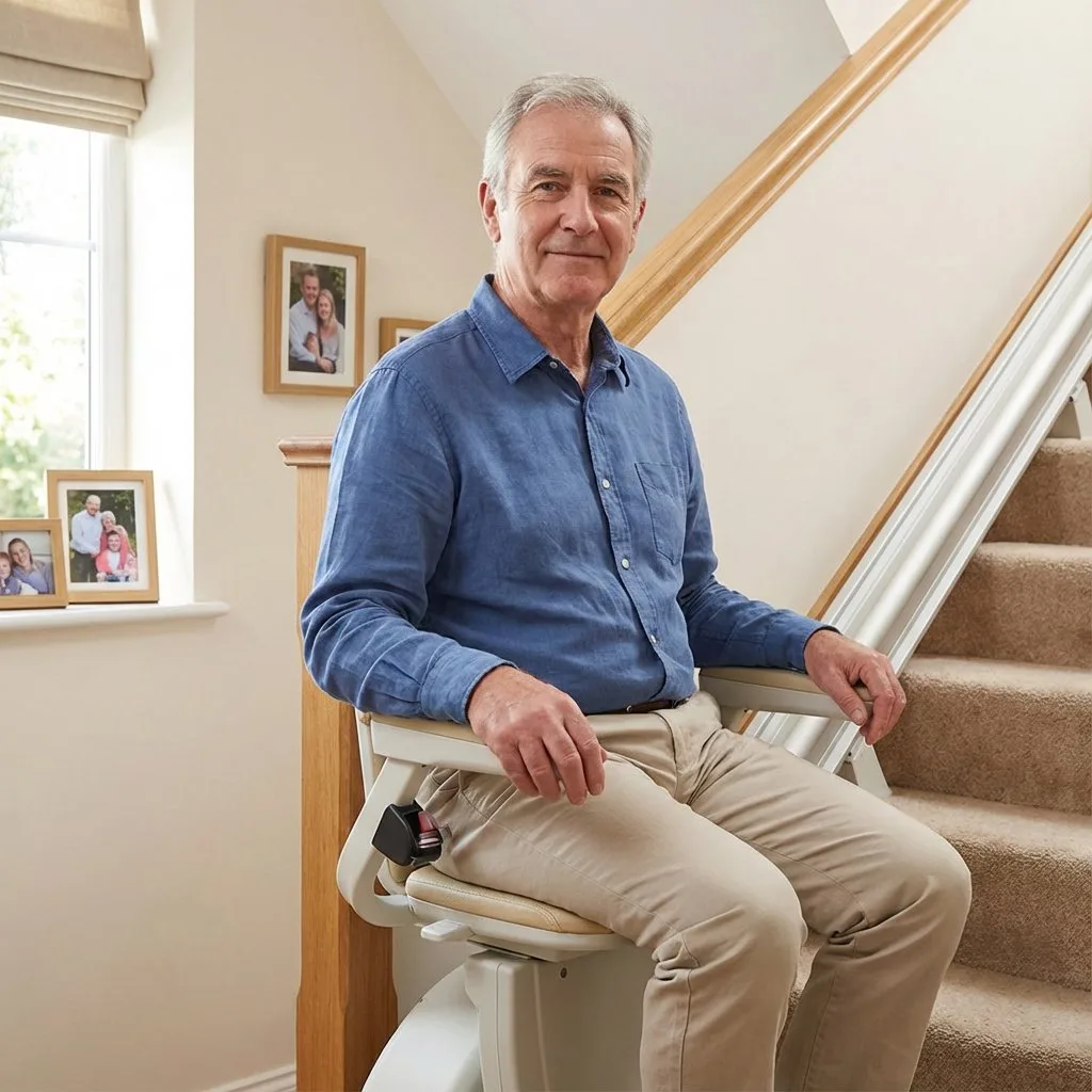 Man seated on a home stairlift.