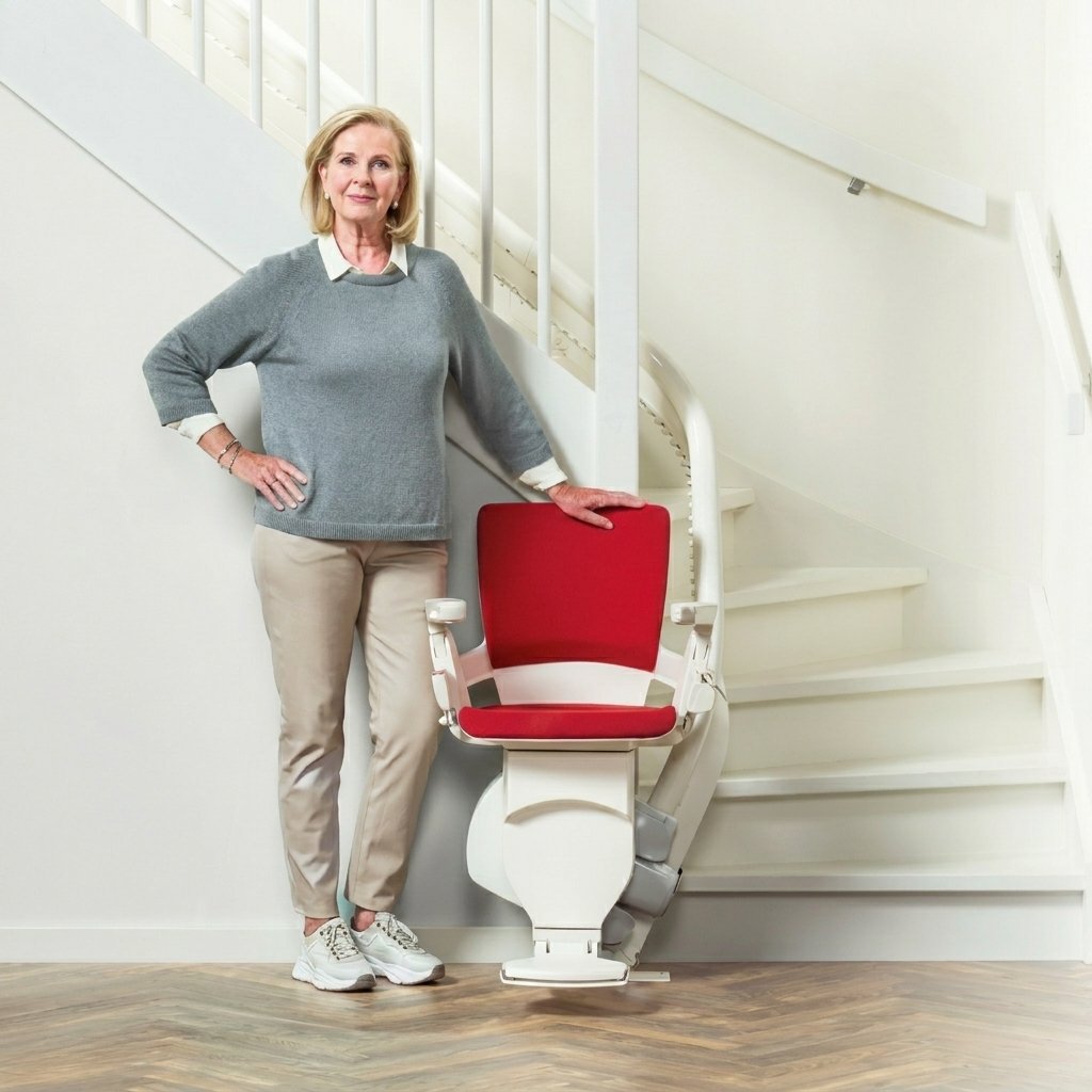 Space-saving stairlift fitted to a narrow staircase