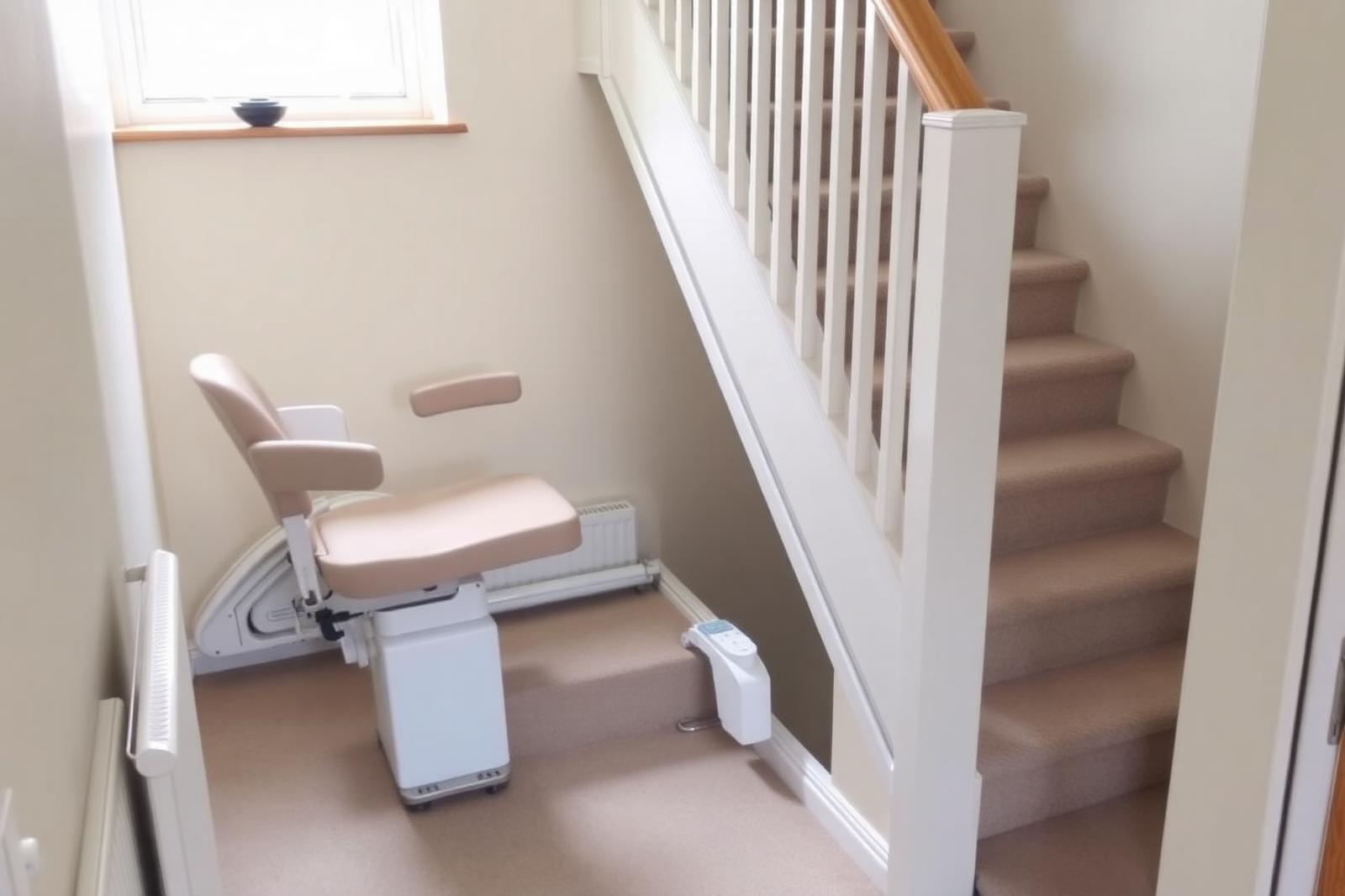 Short-term rental straight stairlift installed on a carpeted staircase in a Greater Manchester home